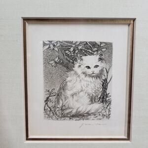 Yachiyo Naito Signed Cat in Branches Print Black White Sketch Framed Japanese